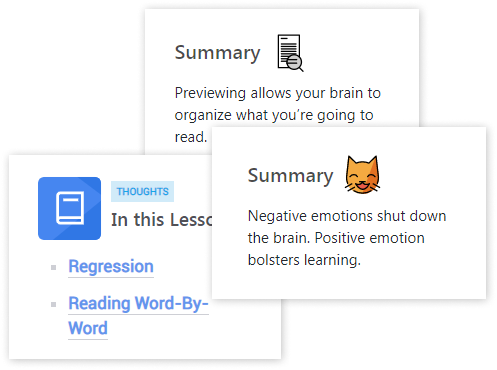 Screenshot of different reading tips and summaries